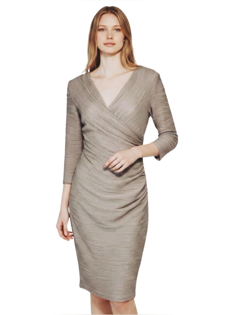 Joseph Ribkoff Taupe Textured Wrap-Front Midi Dress